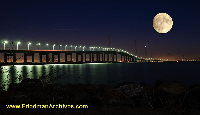 bridge,time exposure,blue,lights,world's,longest,moon,superimposed,